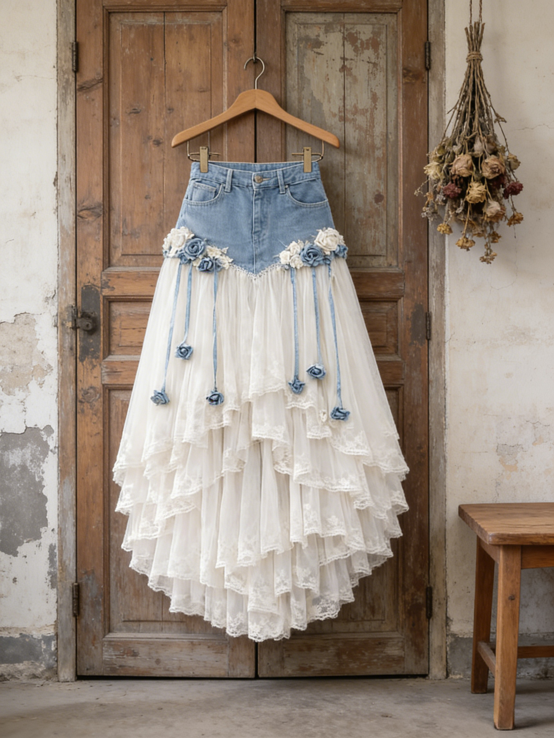 Fairy Bohemian Denim & White Tulle Lace Tiered Maxi Skirt with 3D Blue Roses & Tassels