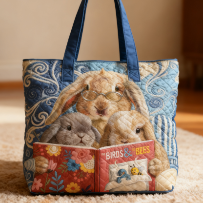 Three Rabbits Reading Books Quilted Tote Bag