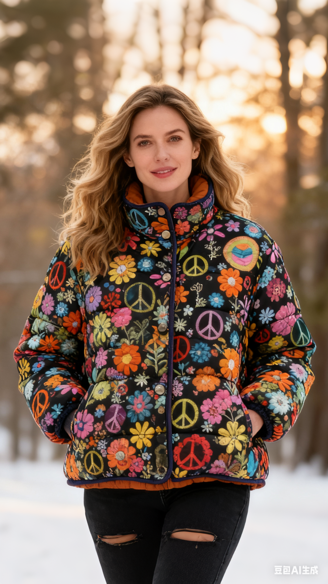 Peace Sign Colorful Floral Quilted Puffer Jacket Casual Coat 