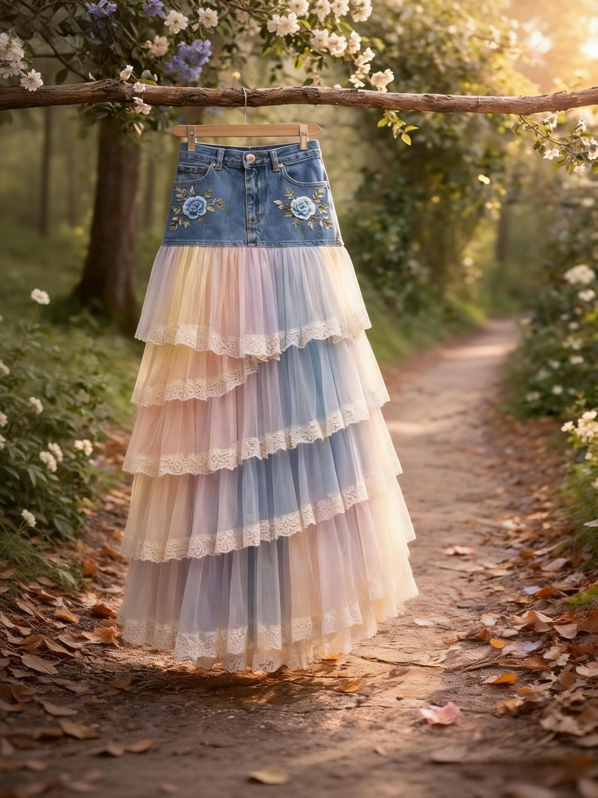 Fairy Pastoral Denim & Pastel Gradient Tulle Lace Tiered Maxi Skirt with Blue Rose Embroidery