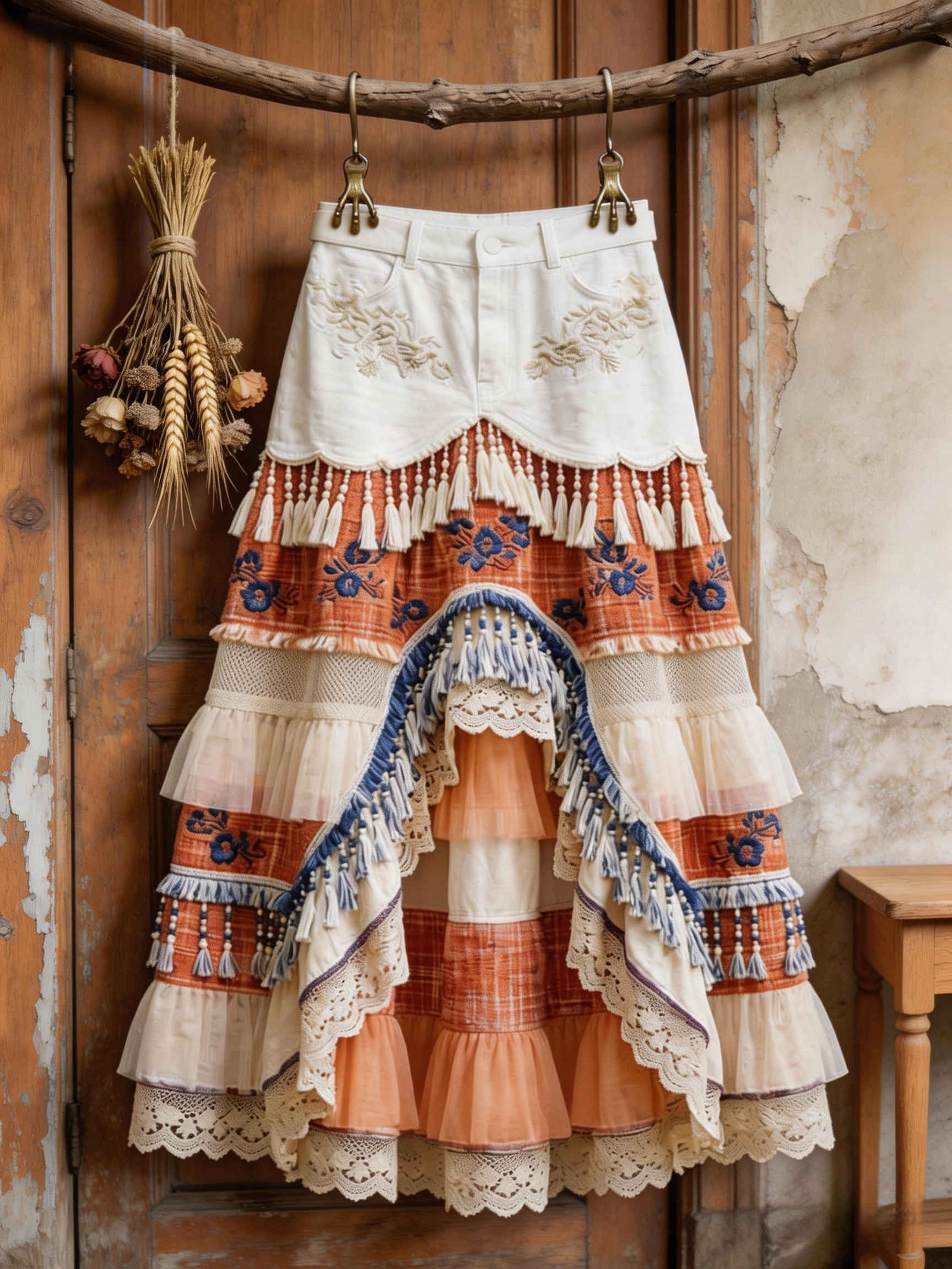Bohemian Ethnic White Denim & Orange Plaid Patchwork Tiered Maxi Skirt