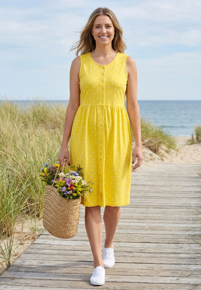 Button-Front Empire Sleeveless Knit Dress