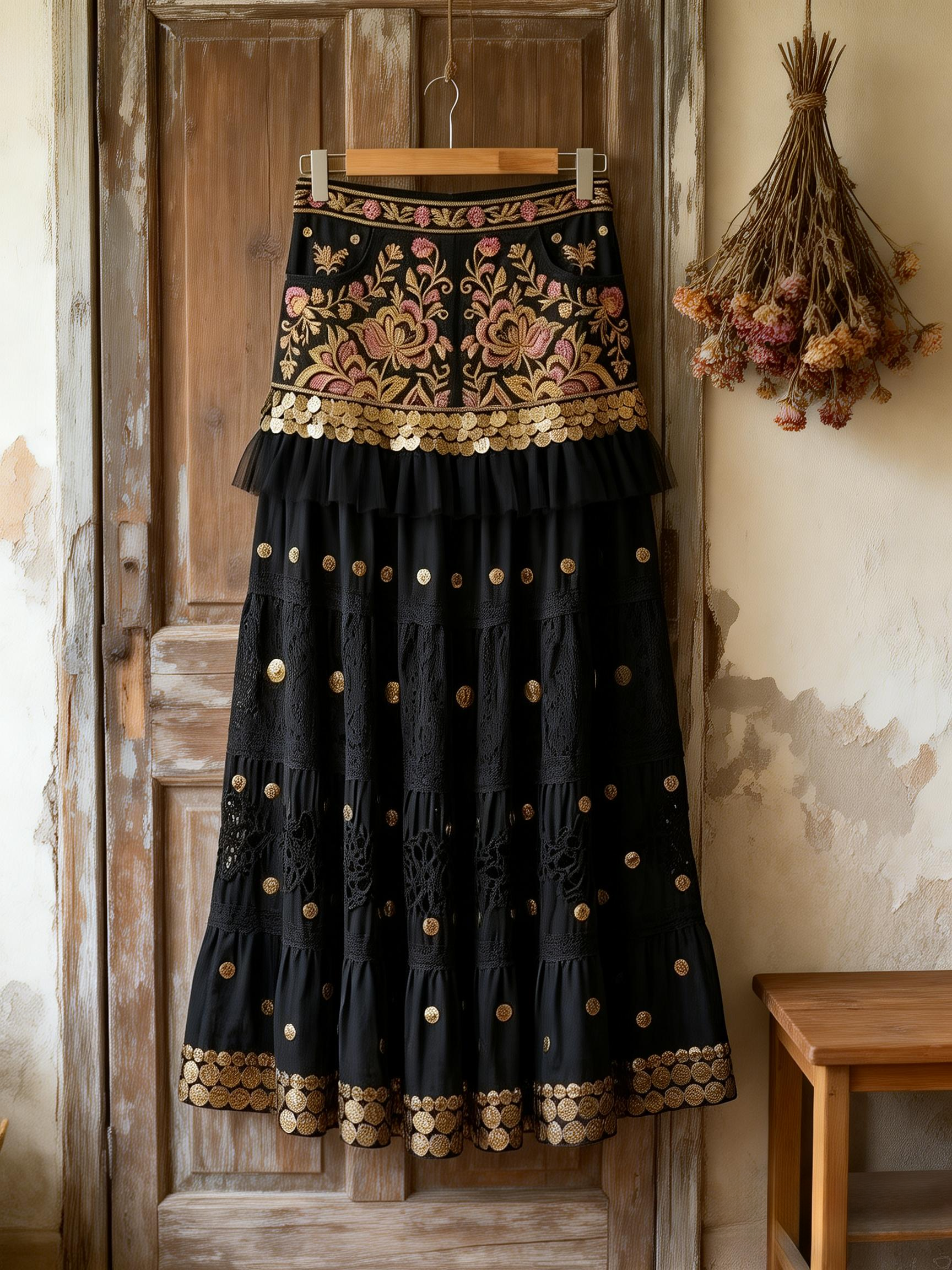 Bohemian Black Embroidered Tulle Tiered Maxi Skirt