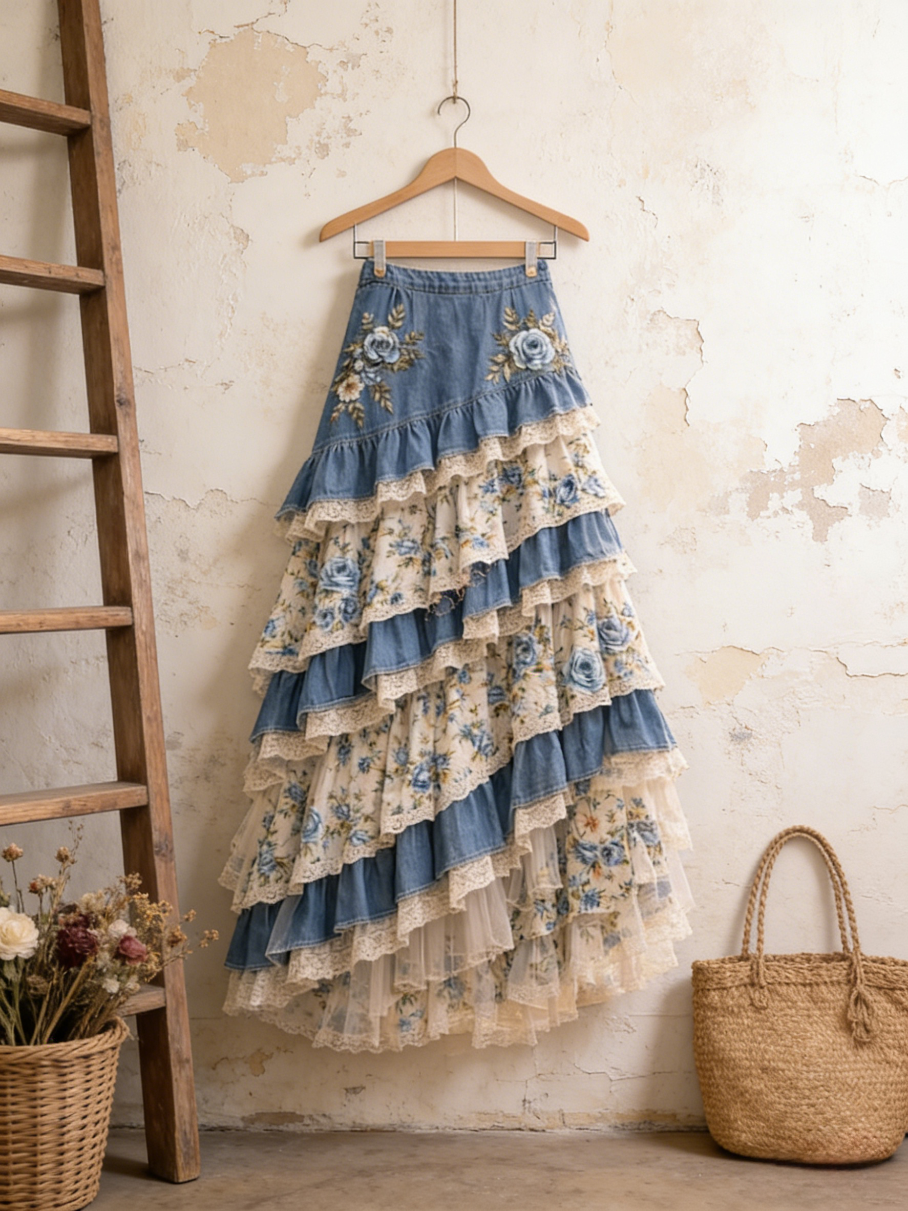Vintage Pastoral Denim & Blue Rose Floral Lace Patchwork Tiered Maxi Skirt