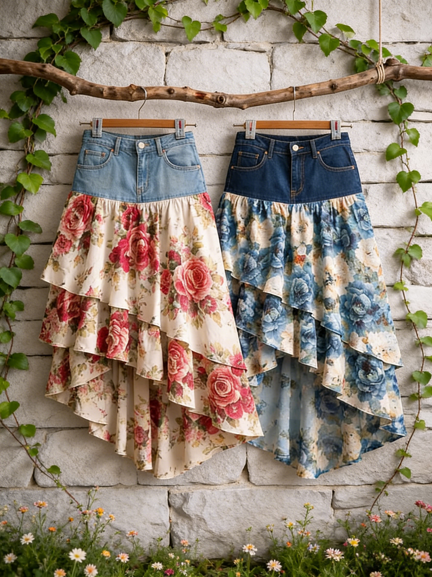 Pastoral Denim Patchwork Rose Floral Print Asymmetrical Tiered Midi Skirt