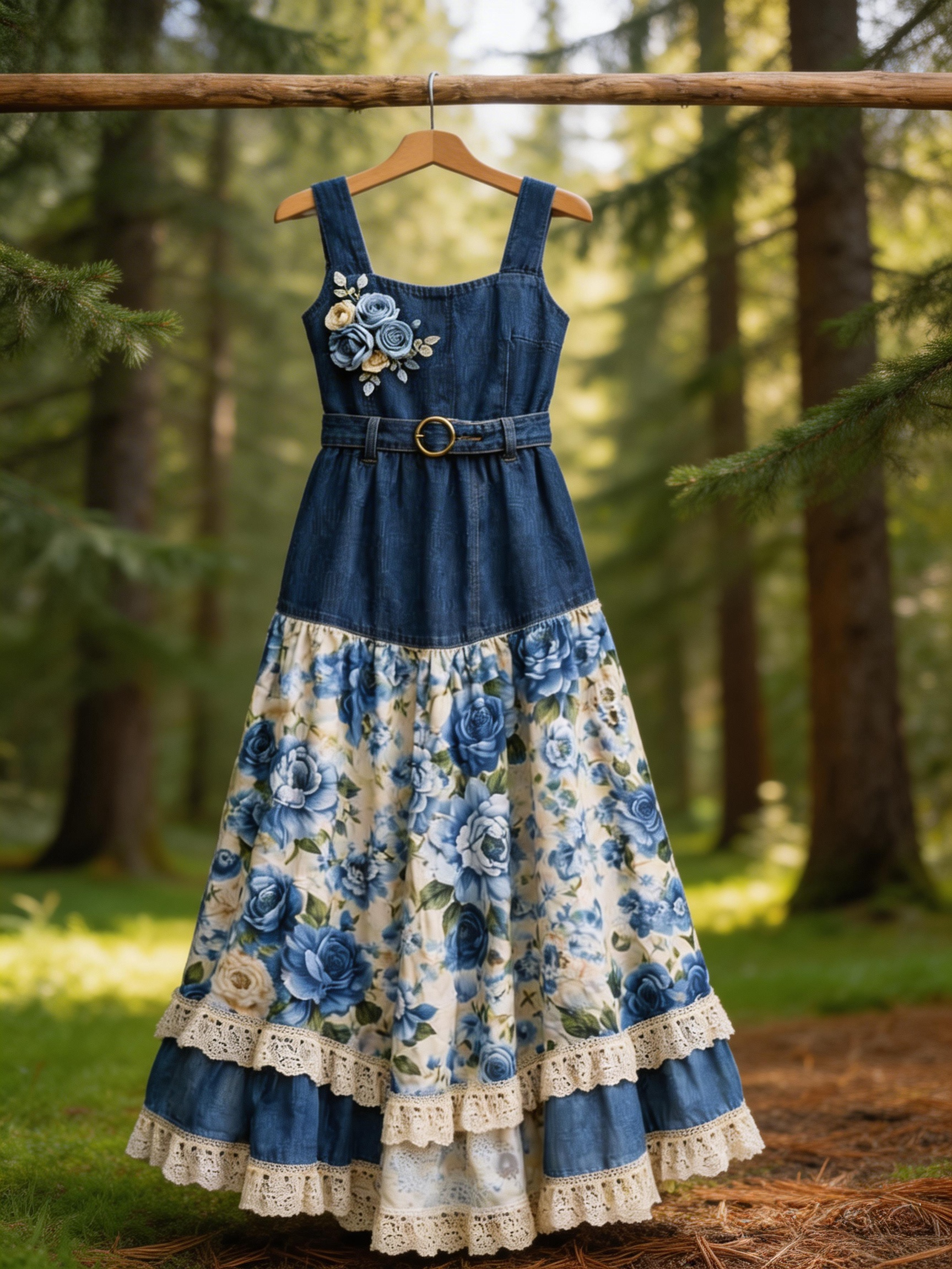 Pastoral Denim Patchwork 3D Blue Rose Floral Tiered Maxi Dress with Belt