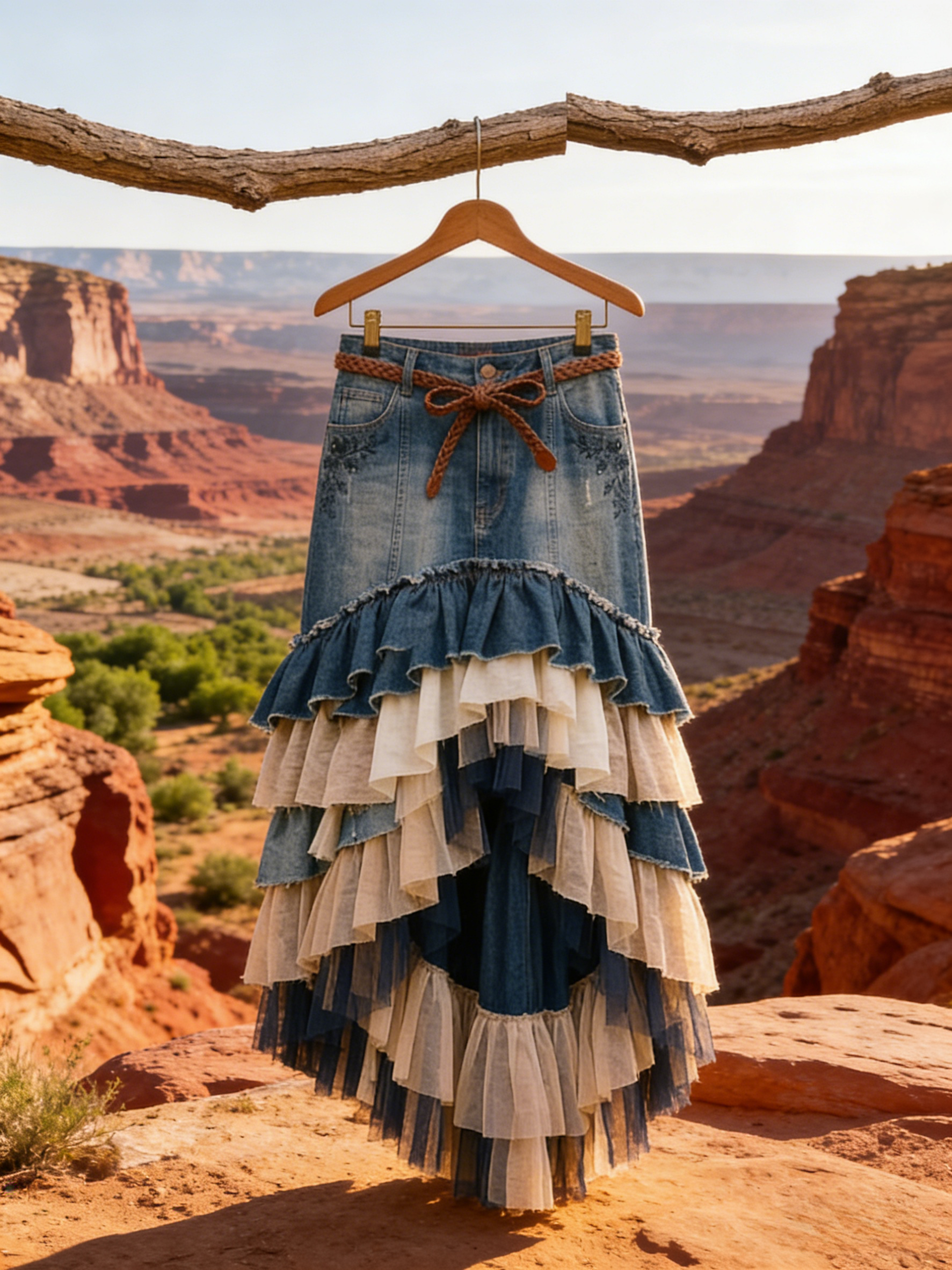 Western Bohemian Denim & Linen-Tulle Tiered High-Low Maxi Skirt with Braided Belt