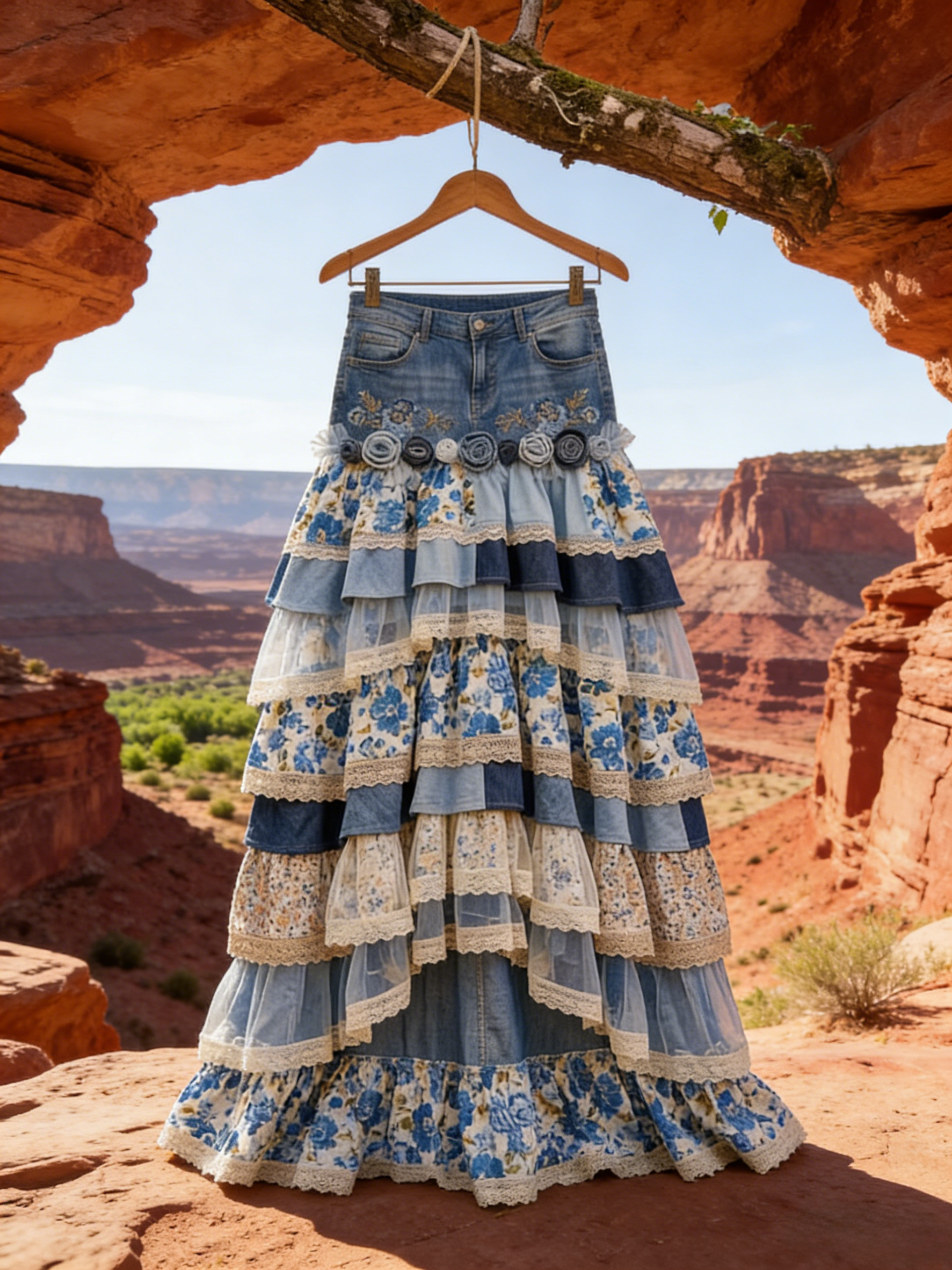 Vintage Bohemian Denim Patchwork 3D Blue Rose Floral Lace Tiered Maxi Skirt