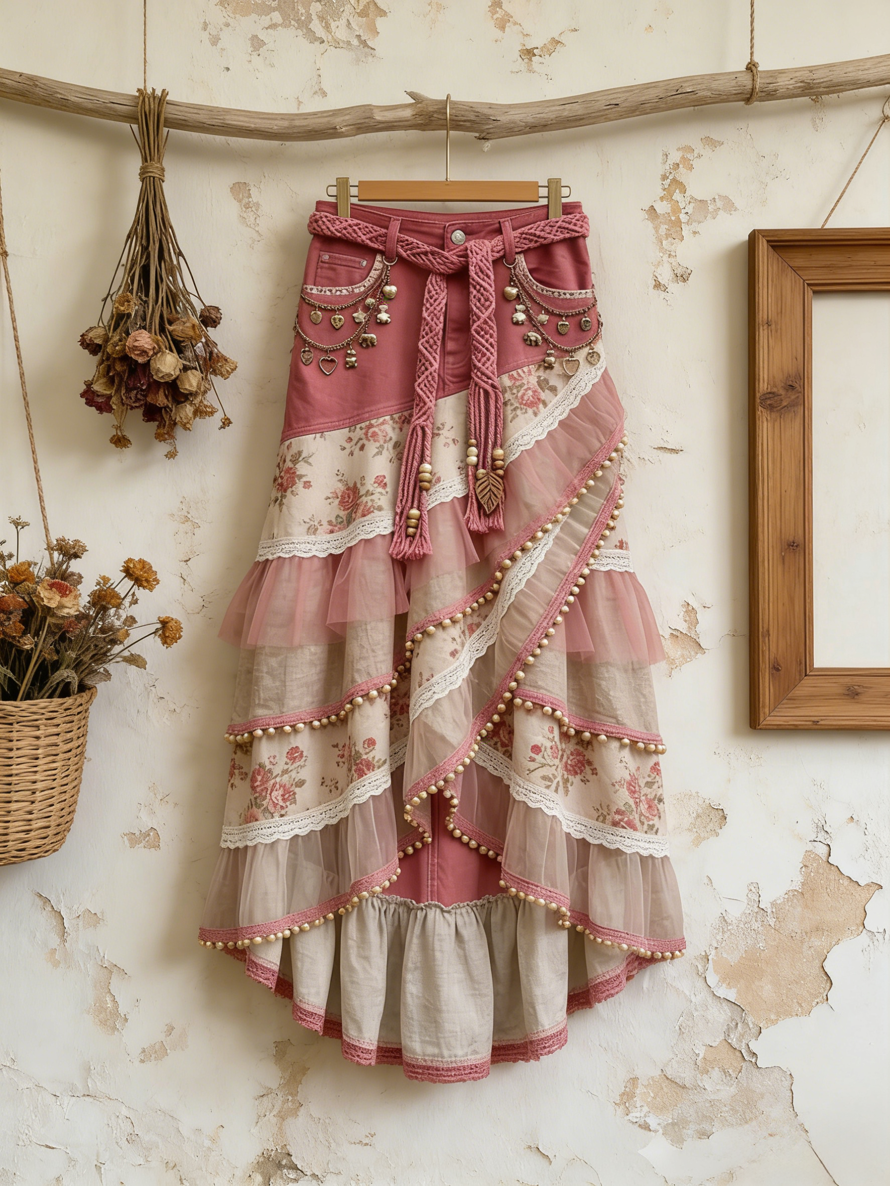 Denim Patchwork Floral Asymmetrical Tiered Lace & Tulle Maxi Skirt with Boho Braid Belt