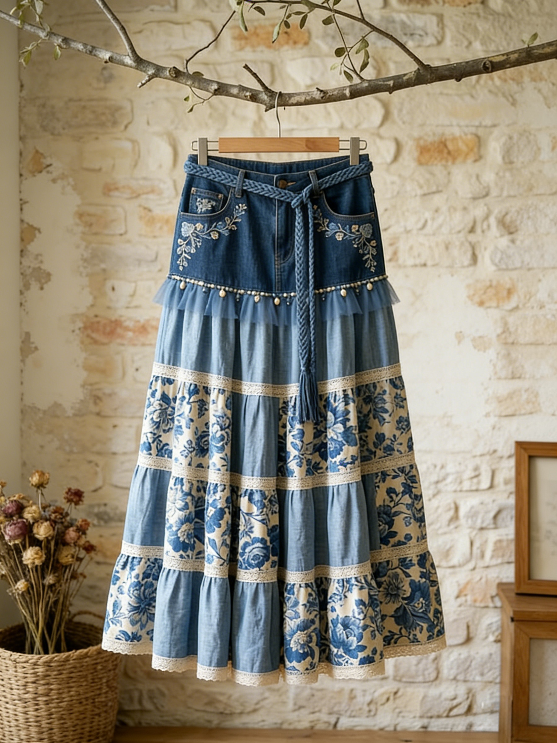 Fairy Romantic Denim Patchwork 3D Blue Rose Asymmetrical Maxi Skirt with Belt