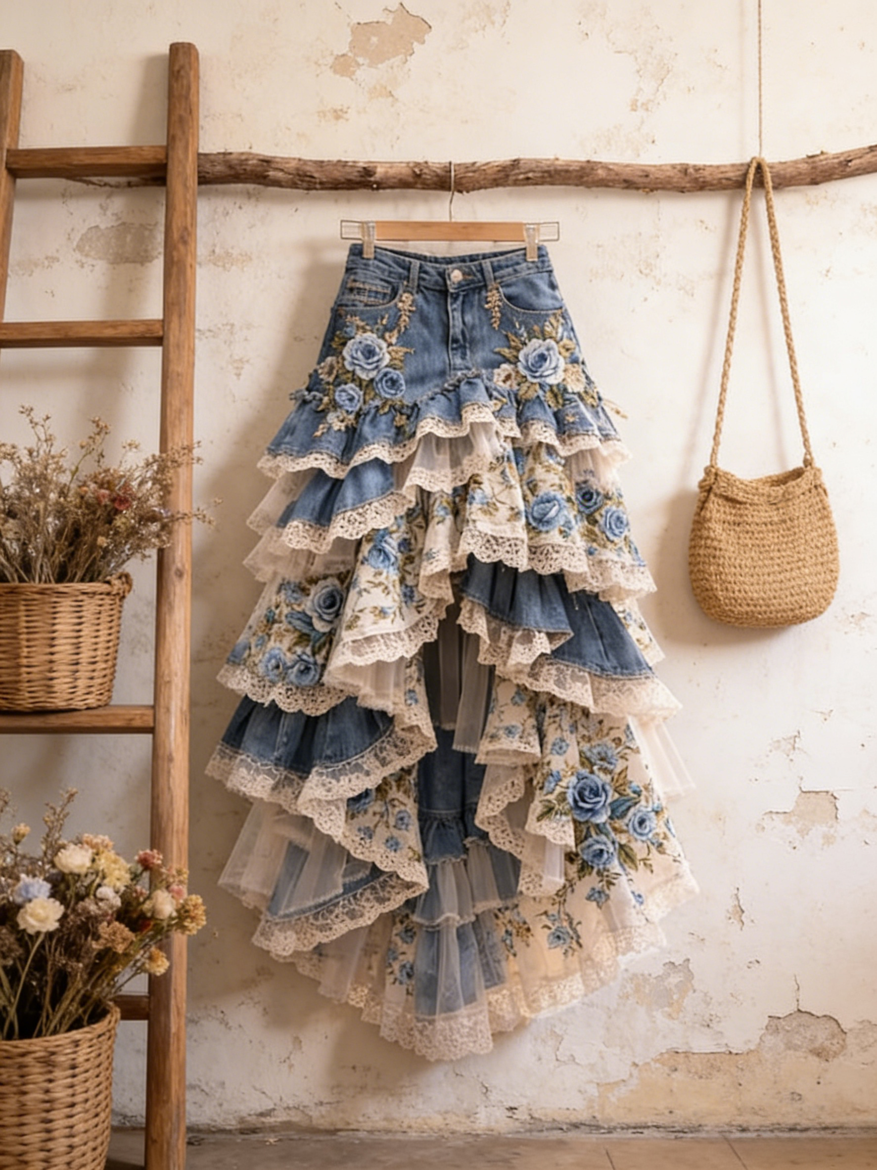 Fairy Romantic Denim Patchwork 3D Blue Rose Asymmetrical Maxi Skirt