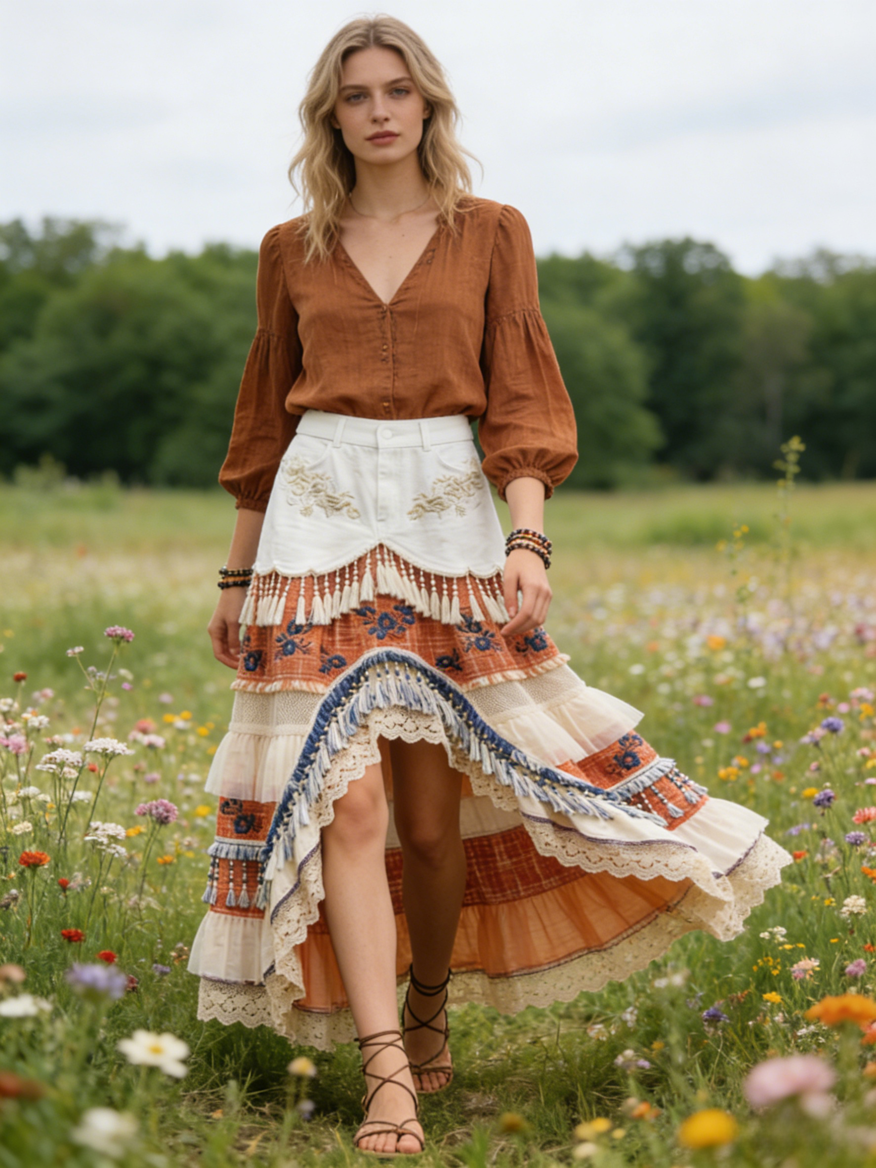 Bohemian Ethnic White Denim & Orange Plaid Patchwork Tiered Maxi Skirt