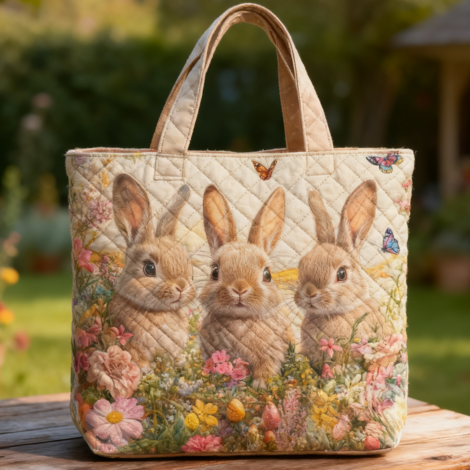 Three Rabbits Flower Quilted Tote Bag
