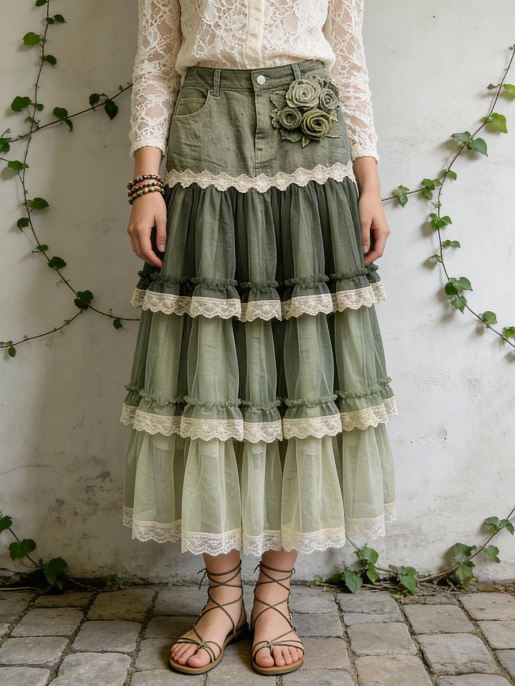 Vintage Olive Green Denim Patchwork Tiered Tulle Skirt with 3D Flowers & Lace