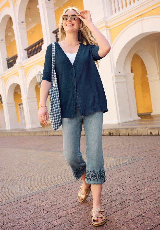 Stretch Denim Five-Pocket Capri Jeans