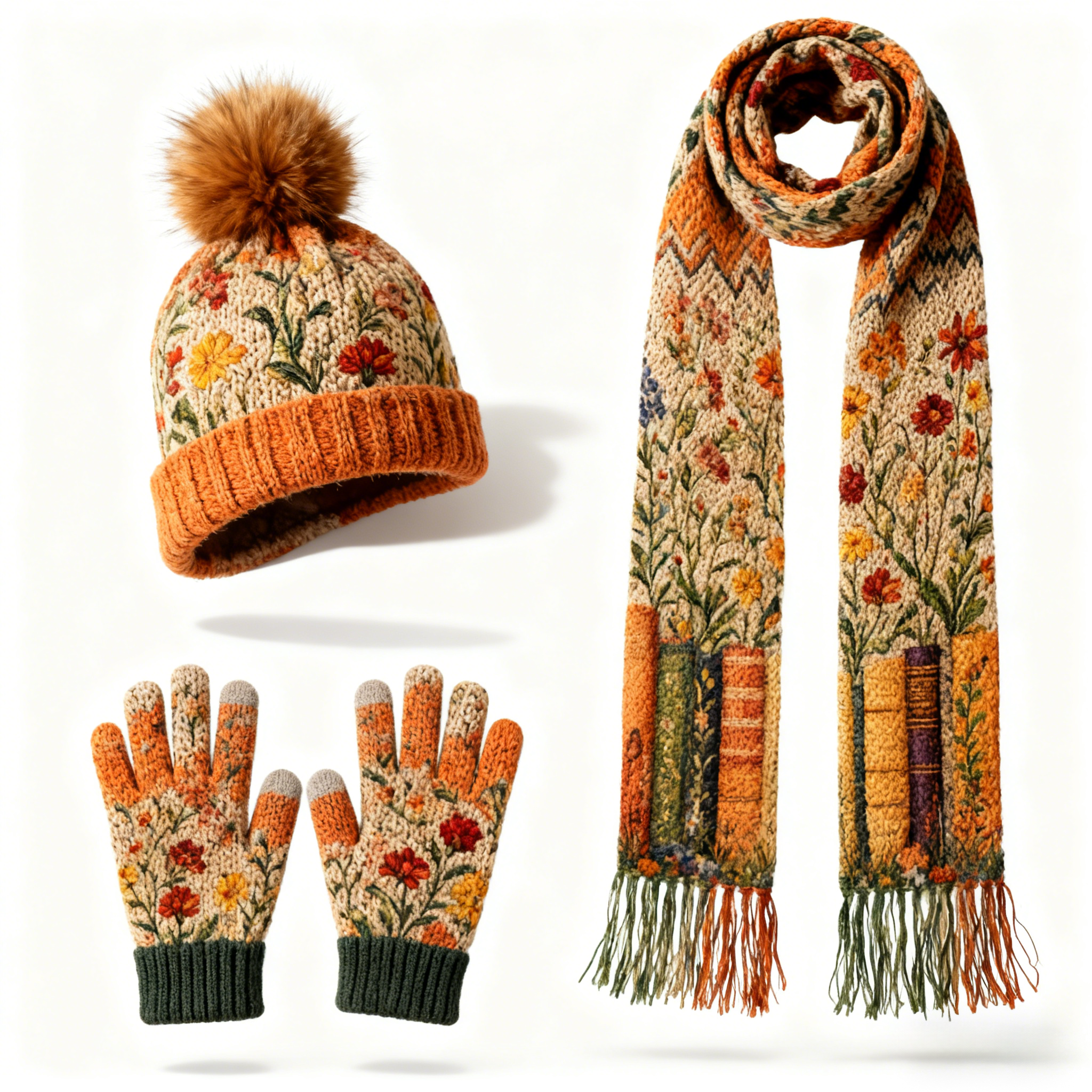 Womens Vintage Floral & Books 3Pcs Knit Hat Long Scarf and Touchscreen Gloves Set Fleece Lined Pom Pom Beanie Winter Gift 