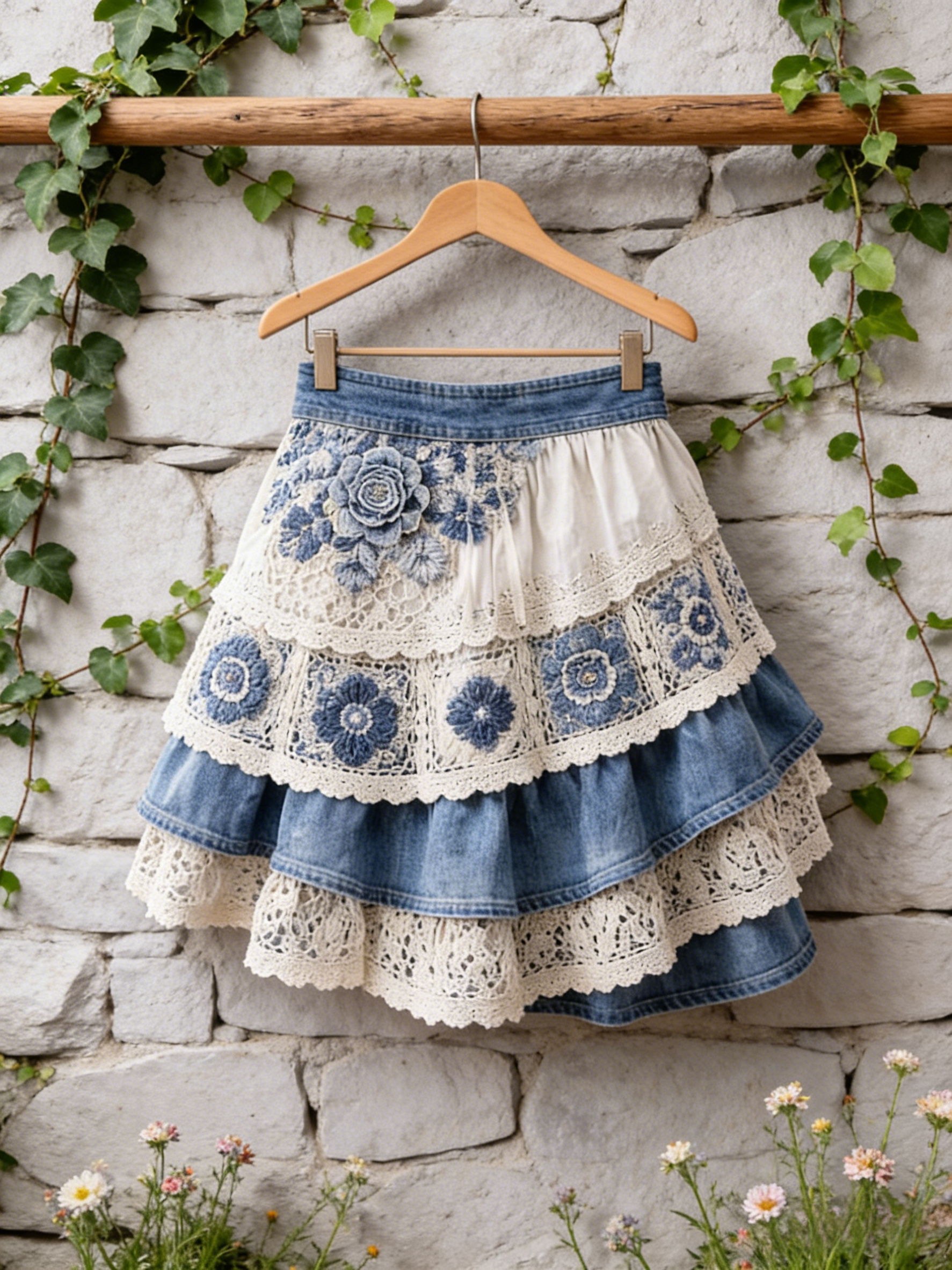 Pastoral Denim Patchwork 3D Blue Rose Crochet Lace Tiered Mini Skirt
