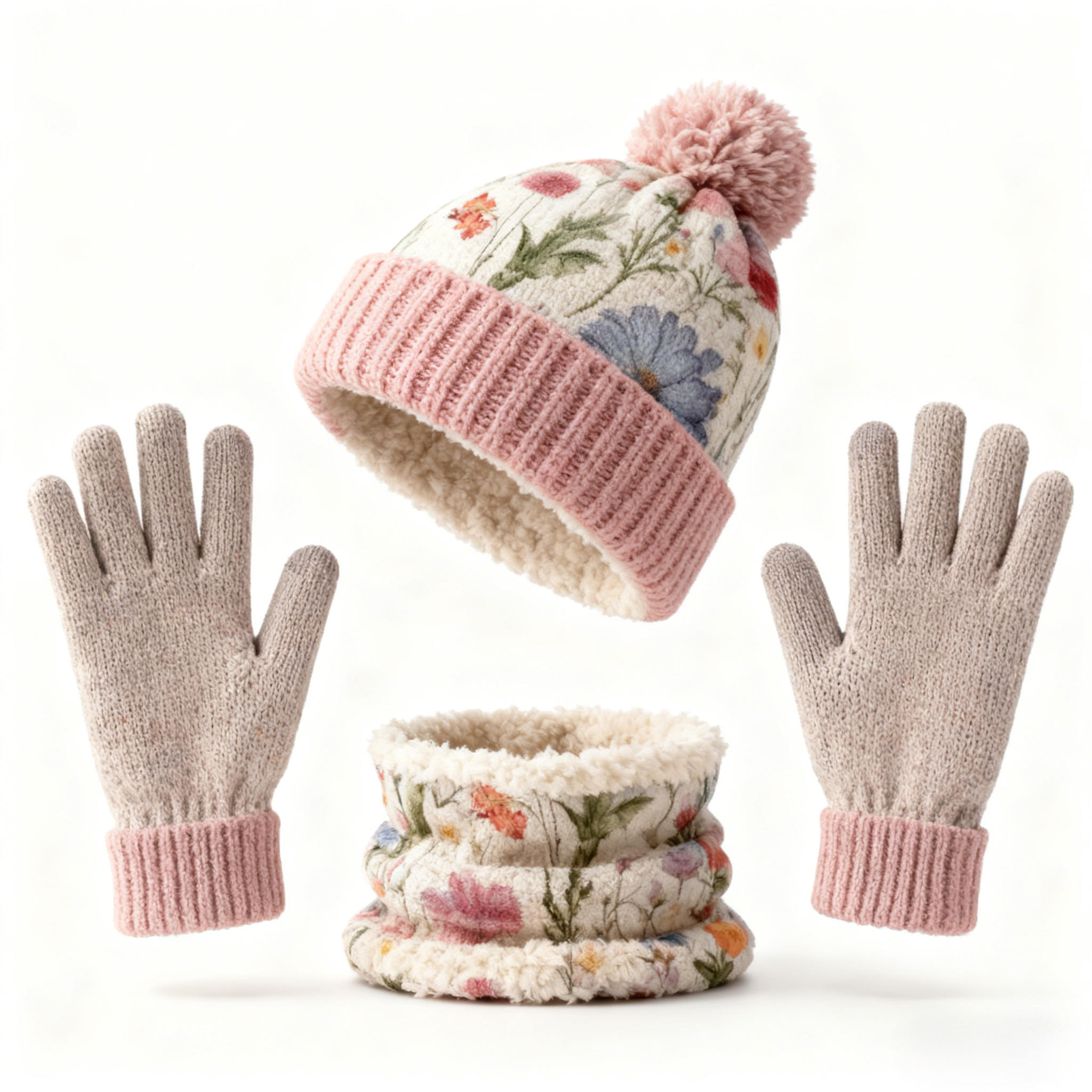 Womens Pink Floral 3Pcs Knit Hat Neck Scarf  & Touchscreen Gloves Set Neck Gaiter Fleece Lined Pom Pom Beanie Winter Gift 