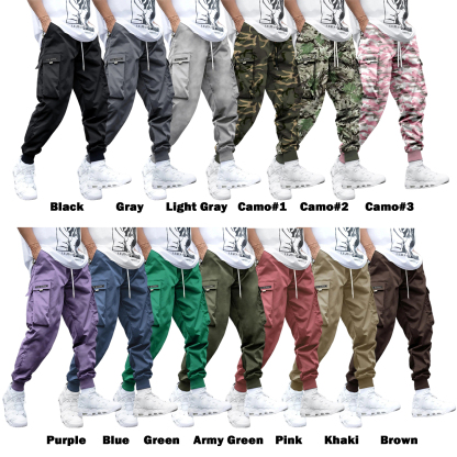 Men's Flap Pocket Streetwear Cargo Pants Drawstring Elastic Waist Techwear Jogger 