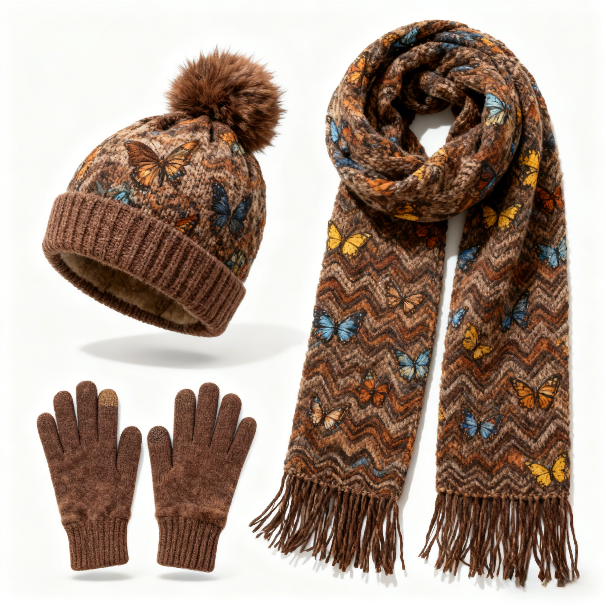 Womens Vintage Butterfly Waves 3Pcs Knit Hat Long Scarf and Touchscreen Gloves Set Fleece Lined Pom Pom Beanie Winter Gift 