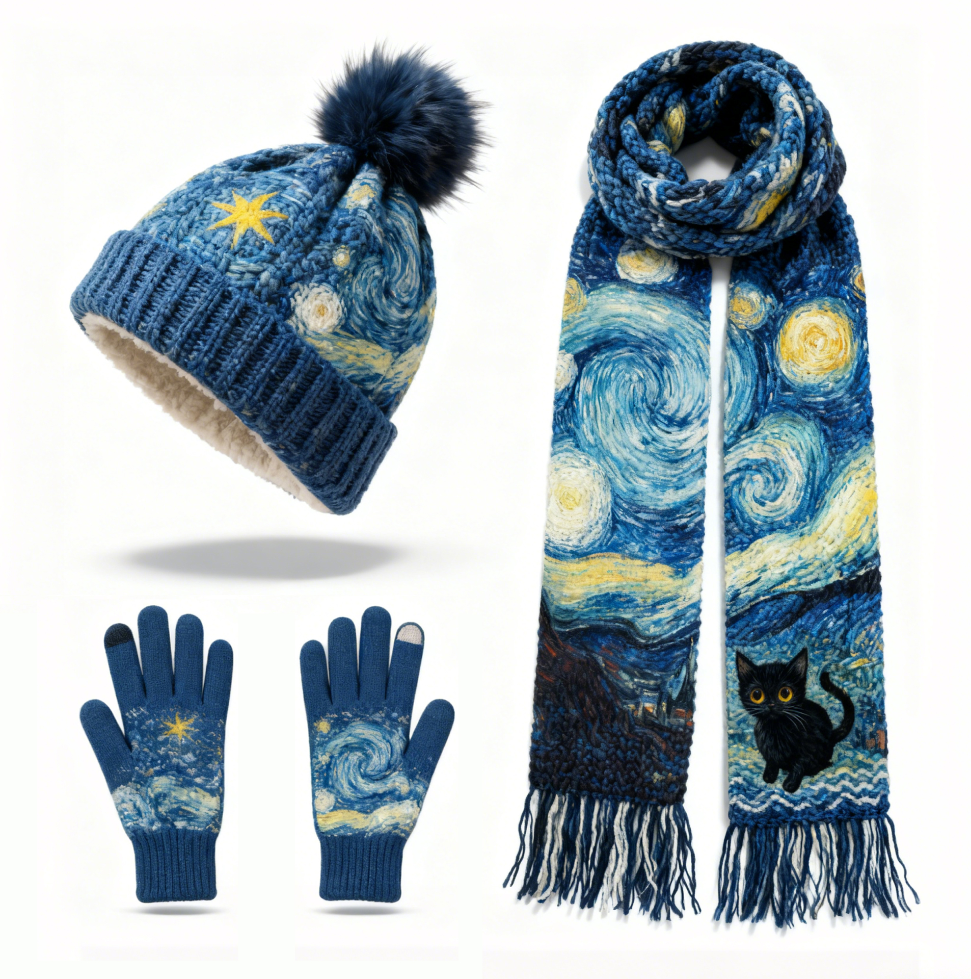 Womens Vangogh Black Cat 3PC Knit Hat Scarf and Touchscreen Gloves Set Fleece Lined Pom Pom Beanie Winter Gift 