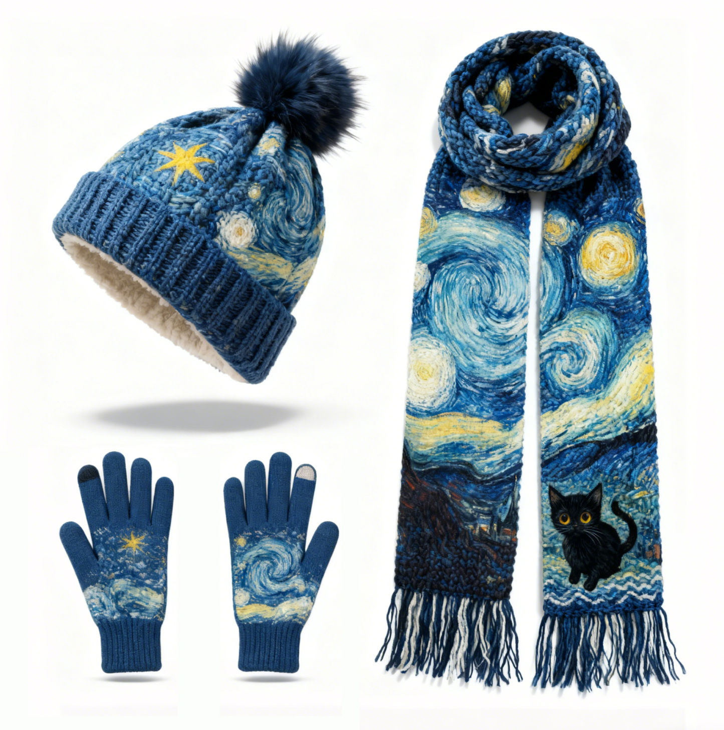 Womens Vangogh Black Cat 3PC Knit Hat Scarf and Touchscreen Gloves Set Fleece Lined Pom Pom Beanie Winter Gift 