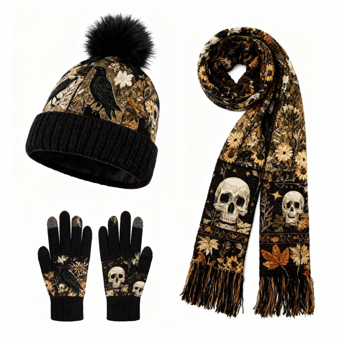 Womens Dark Raven Skull 3Pcs Knit Hat Long Scarf and Touchscreen Gloves Set Fleece Lined Pom Pom Beanie Winter Gift 