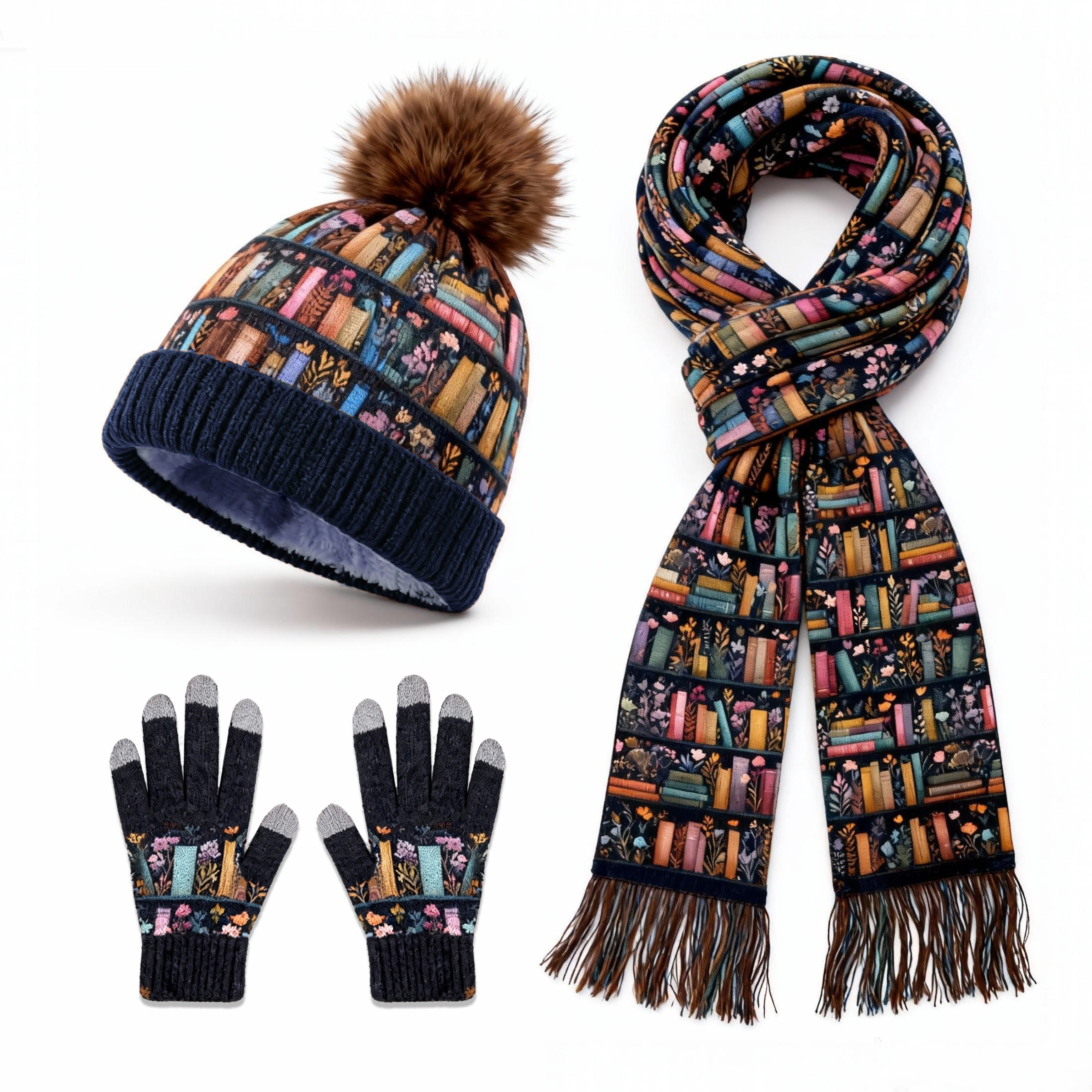 Womens Bookshelf Floral Library 3Pcs Knit Hat Long Scarf and Touchscreen Gloves Set Fleece Lined Pom Pom Beanie Winter Gift 