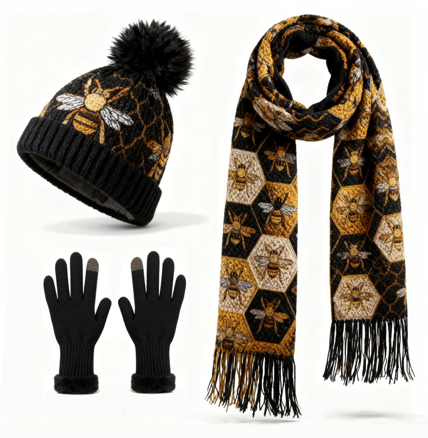 Womens Vintage Honeycomb Bee 3Pcs Knit Hat Long Scarf and Touchscreen Gloves Set Fleece Lined Pom Pom Beanie Winter Gift 