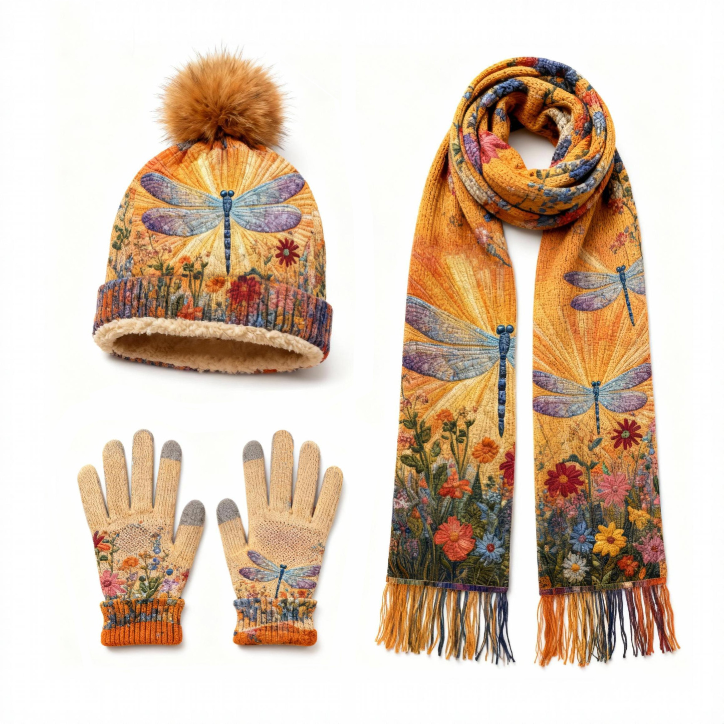 Womens Vintage Butterfly Floral 3Pcs Knit Hat Long Scarf and Touchscreen Gloves Set Fleece Lined Pom Pom Beanie Winter Gift 