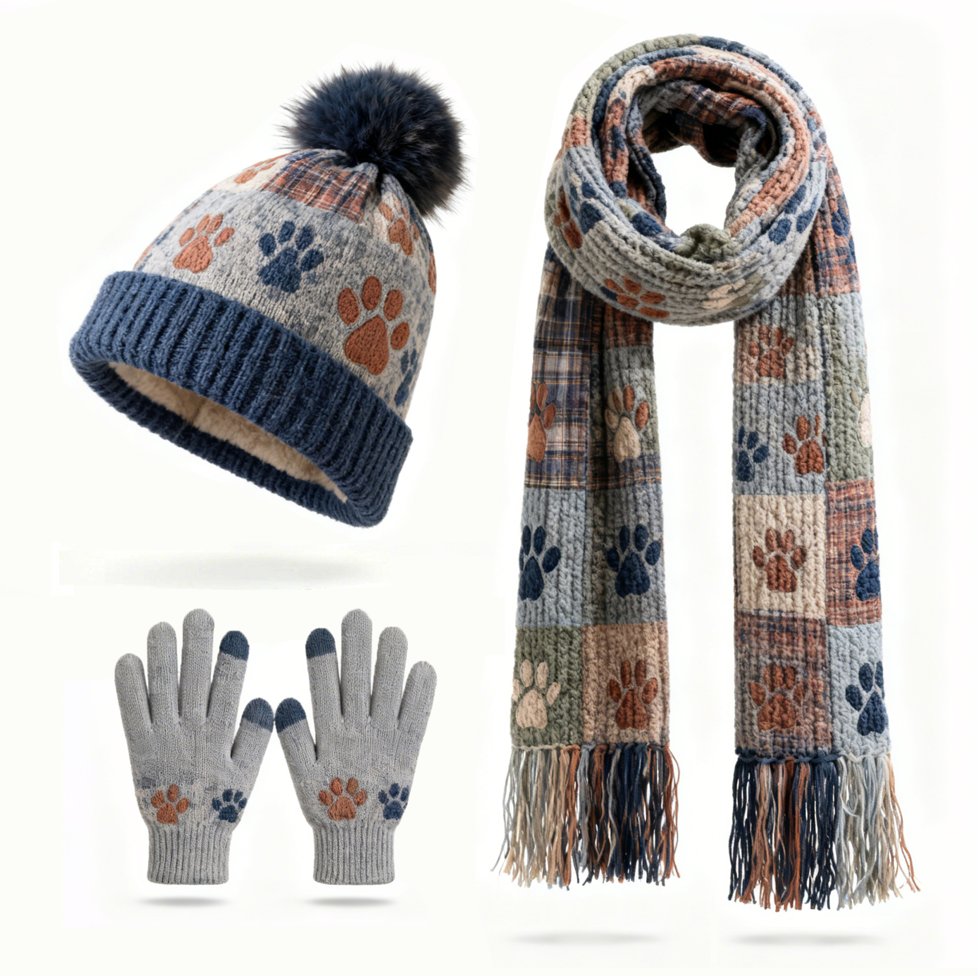 Womens Paws Patch Work 3Pcs Knit Hat Long Scarf and Touchscreen Gloves Set Fleece Lined Pom Pom Beanie Winter Gift 