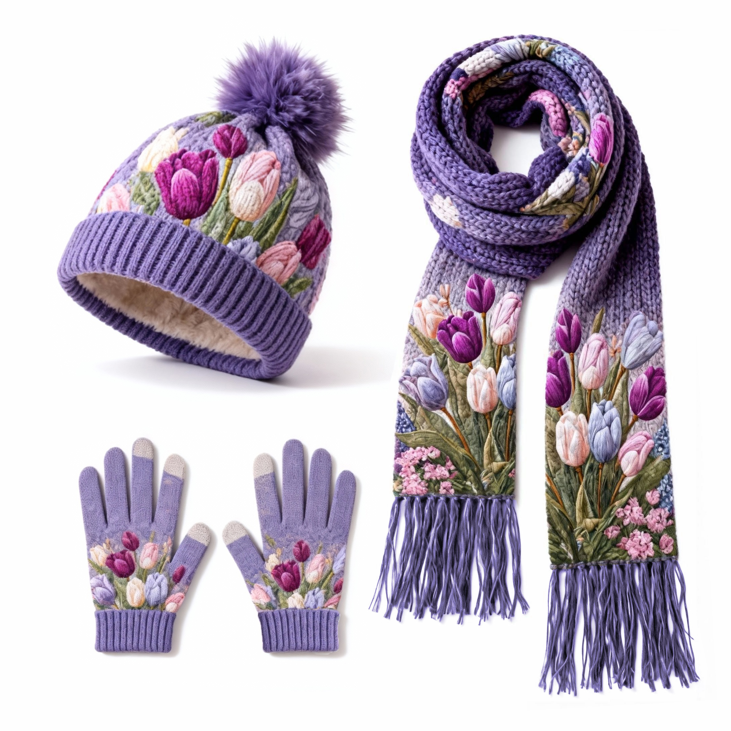 Womens Purple Tulips Garden 3Pcs Knit Hat Long Scarf and Touchscreen Gloves Set Fleece Lined Pom Pom Beanie Winter Gift 