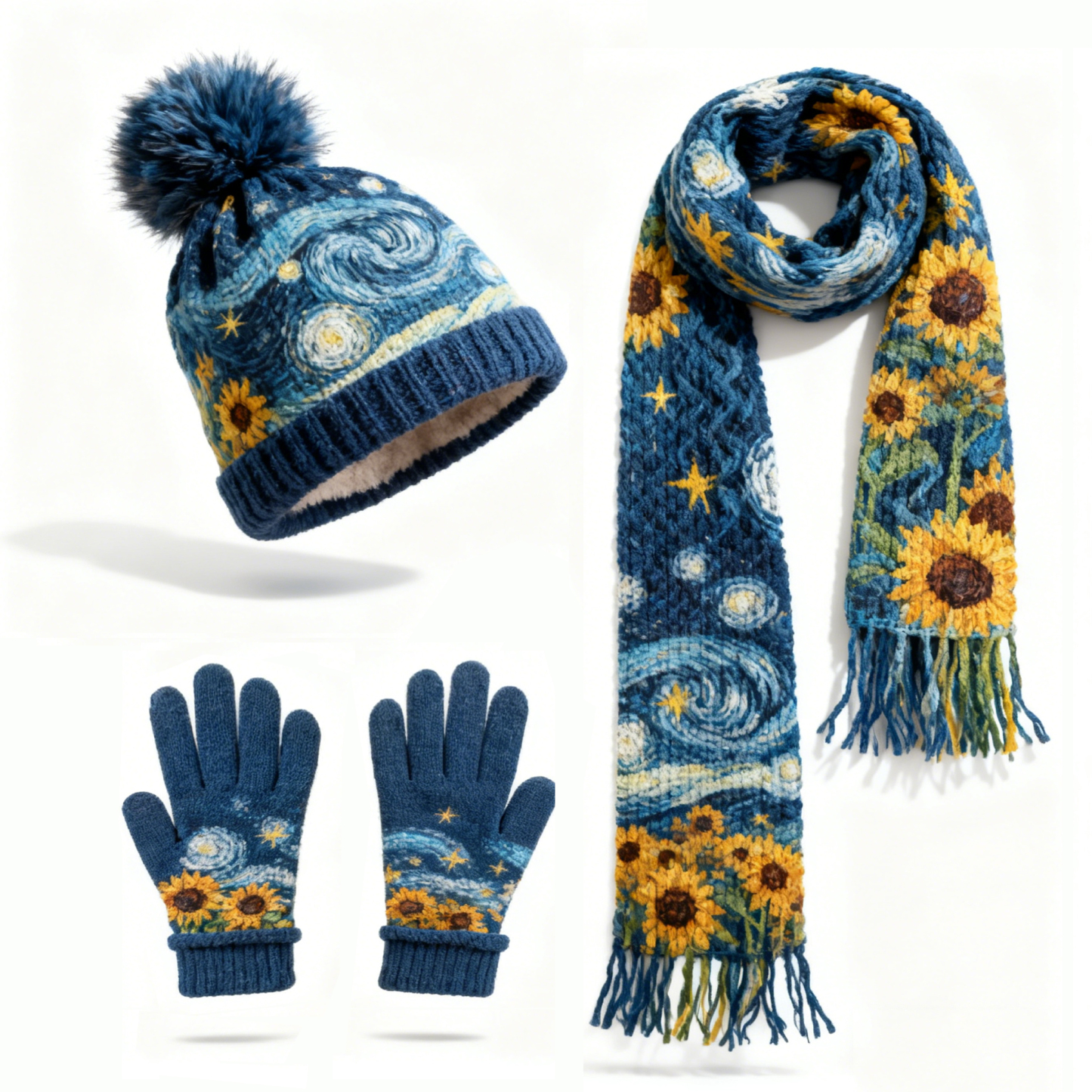 Womens Vangogh Sunflower 3PC Knit Hat Long Scarf and Touchscreen Gloves Set Fleece Lined Pom Pom Beanie Winter Gift 