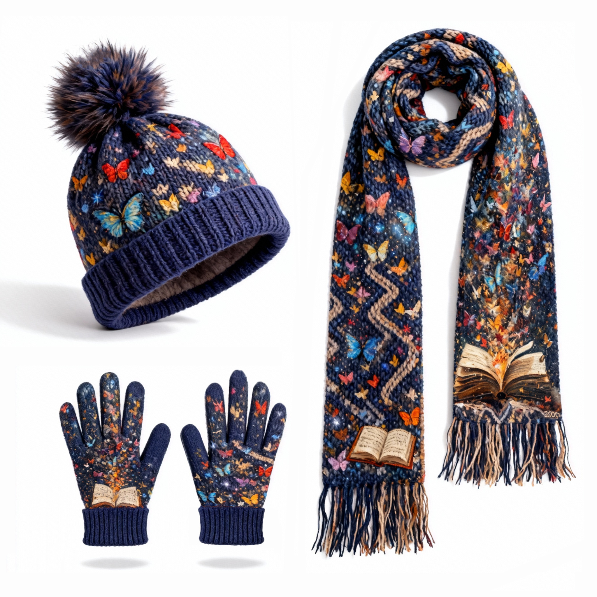 Womens Butterfly Fluttering Over Books 3Pcs Knit Hat Long Scarf and Touchscreen Gloves Set Fleece Lined Pom Pom Beanie Winter Gift 