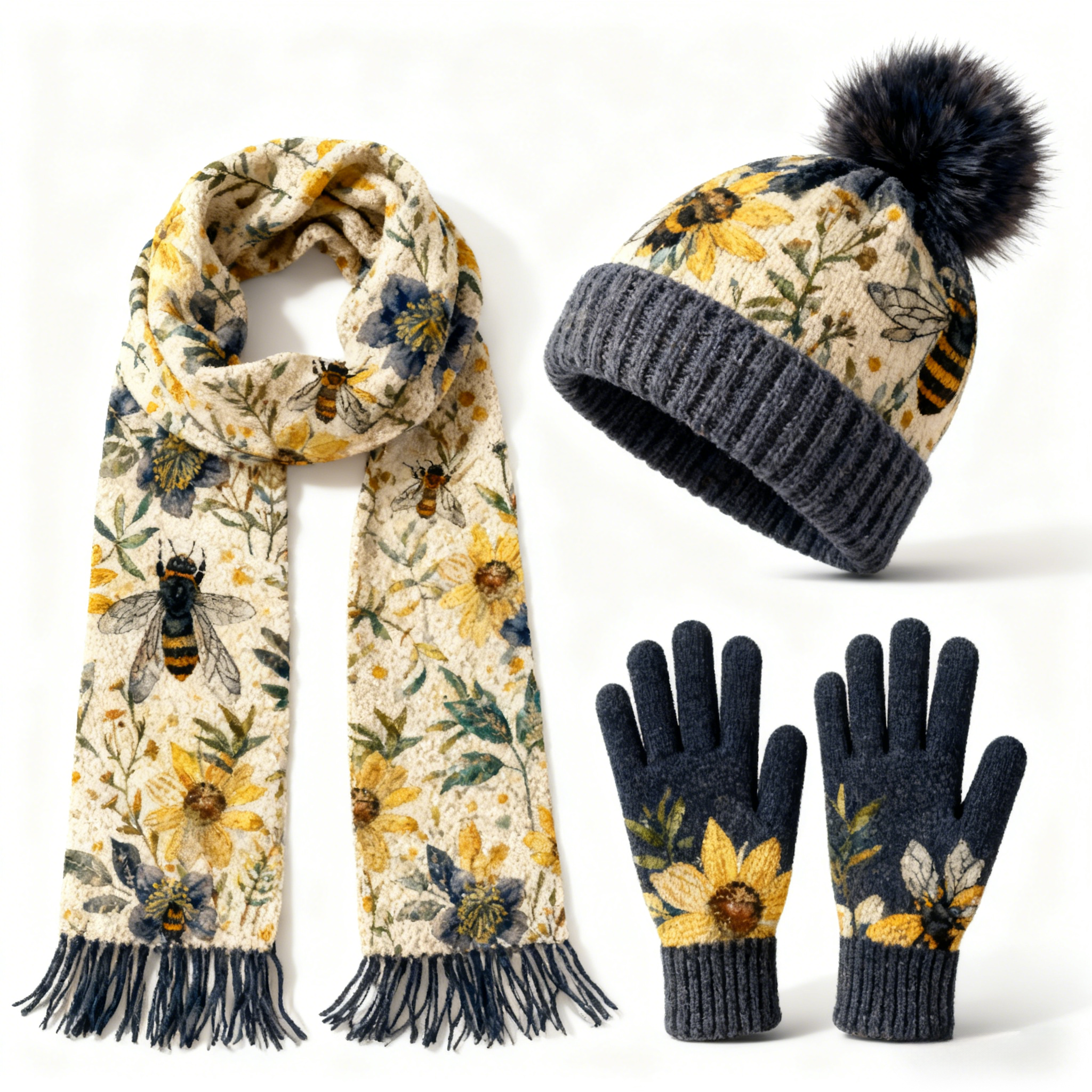 Womens Garden Butterfly Floral 3Pcs Knit Hat Long Scarf and Touchscreen Gloves Set Fleece Lined Pom Pom Beanie Winter Gift 