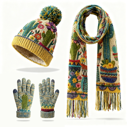 Womens Botanical Garden Cactus 3Pcs Knit Hat Long Scarf and Touchscreen Gloves Set Fleece Lined Pom Pom Beanie Winter Gift 