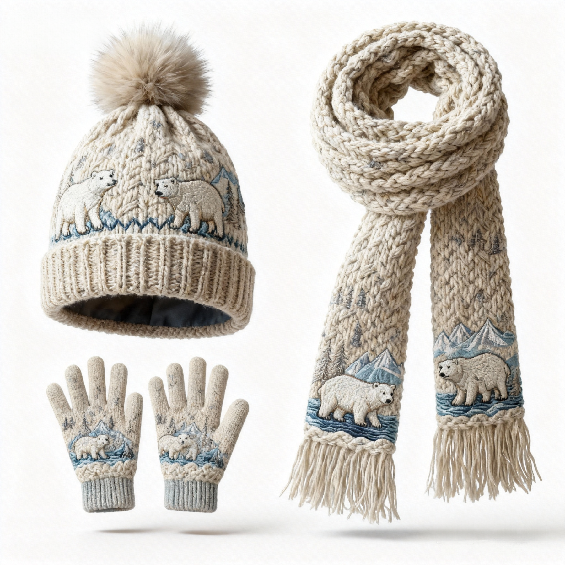 Womens Polar Bear 3Pcs Knit Hat Long Scarf and Touchscreen Gloves Set Fleece Lined Pom Pom Beanie Winter Gift 