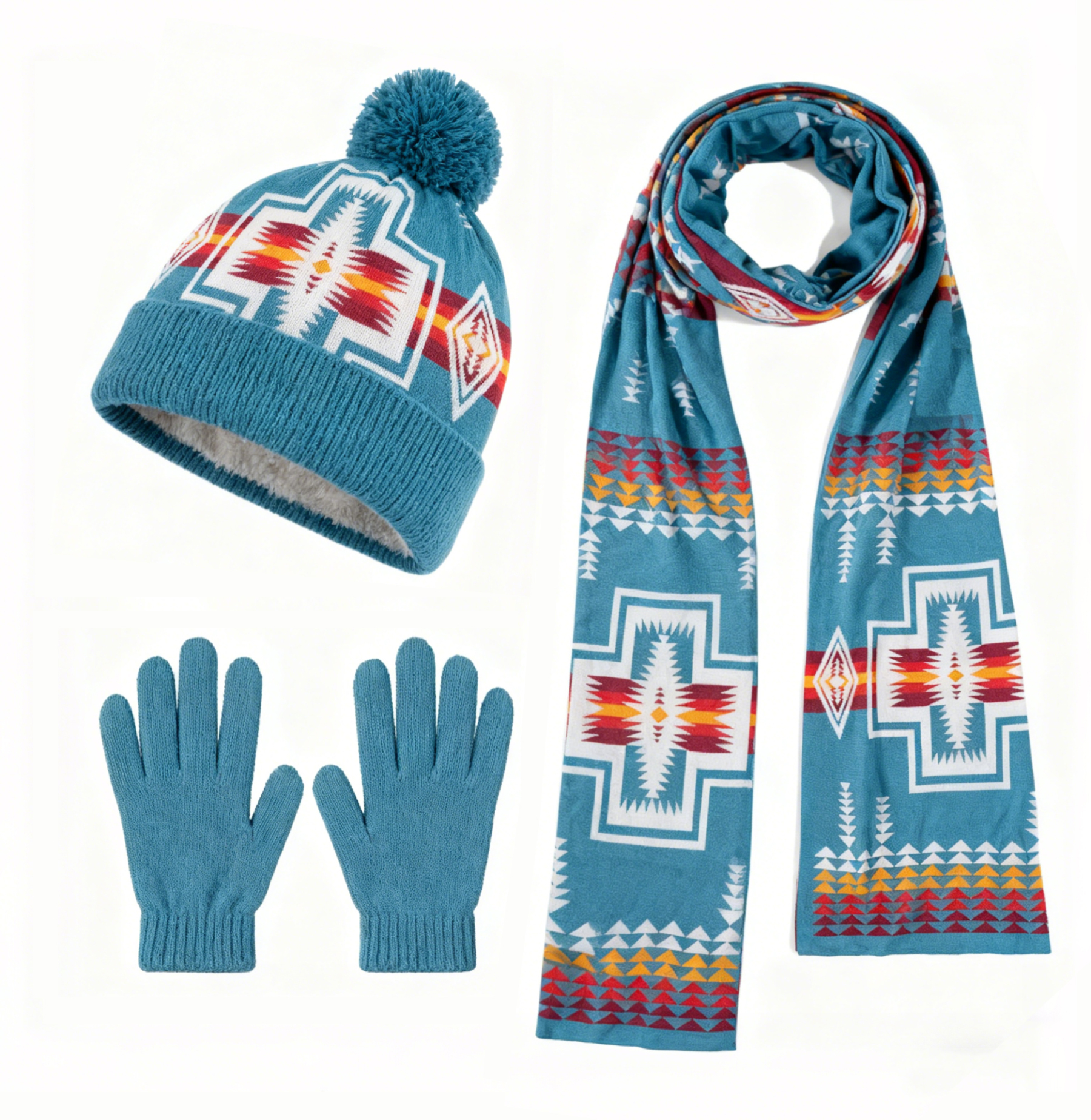Womens Western Geometry 3Pcs Knit Hat Long Scarf and Touchscreen Gloves Set Fleece Lined Pom Pom Beanie Winter Gift 