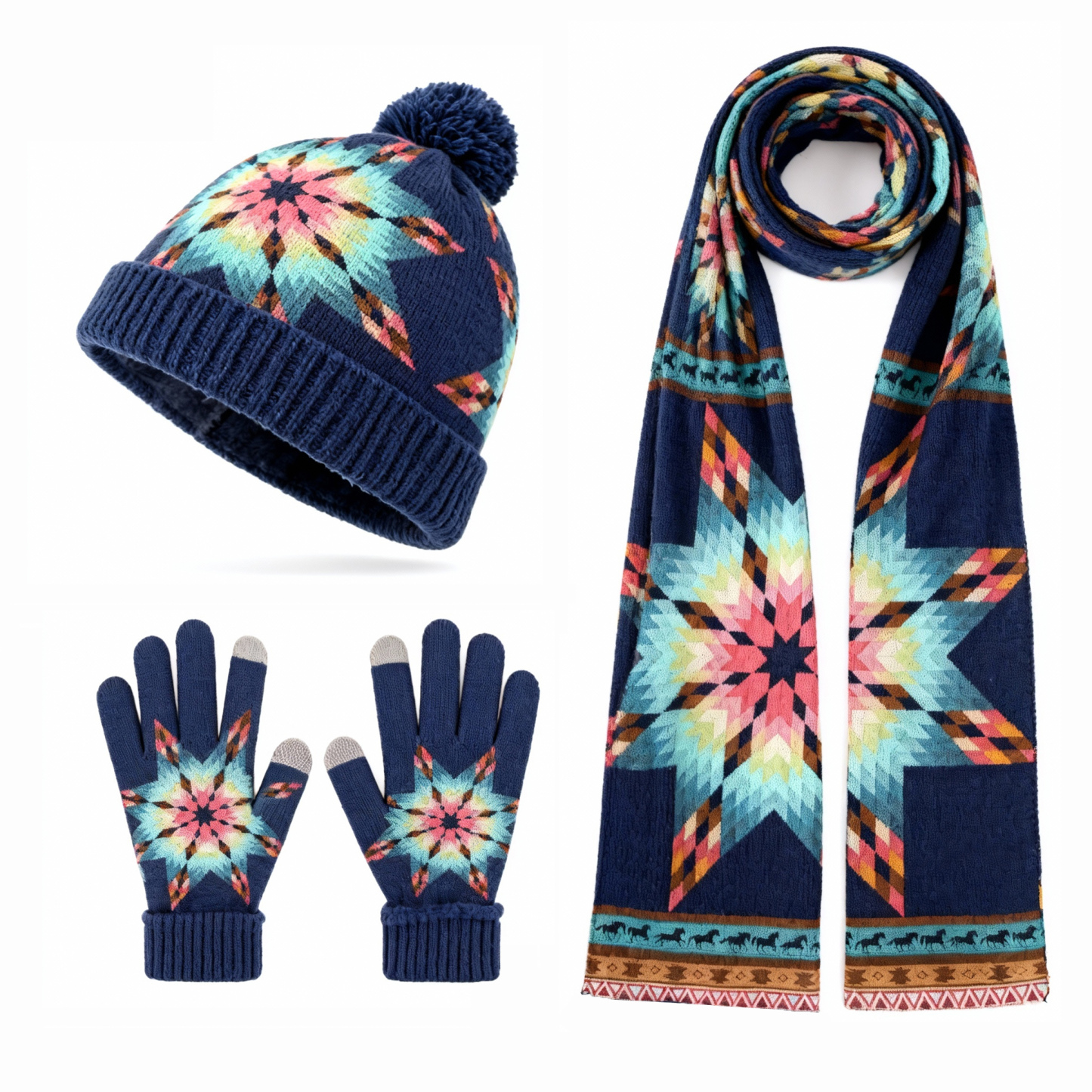 Womens Gradient Western Star Pattern 3Pcs Knit Hat Long Scarf and Touchscreen Gloves Set Fleece Lined Pom Pom Beanie Winter Gift 