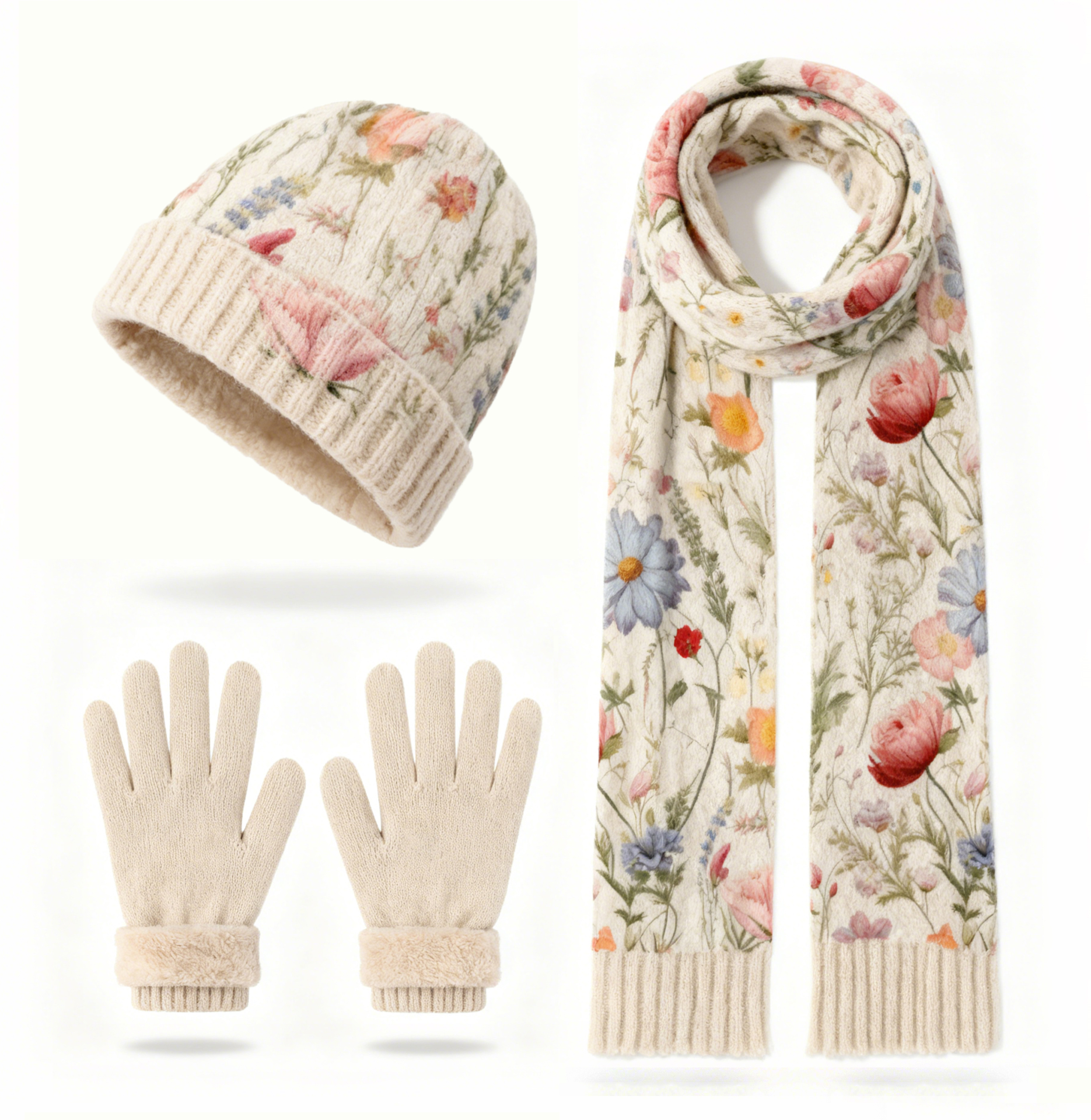 Womens Watercolor Floral Pattern 3Pcs Knit Hat Long Scarf and Touchscreen Gloves Set Fleece Lined Pom Pom Beanie Winter Gift 