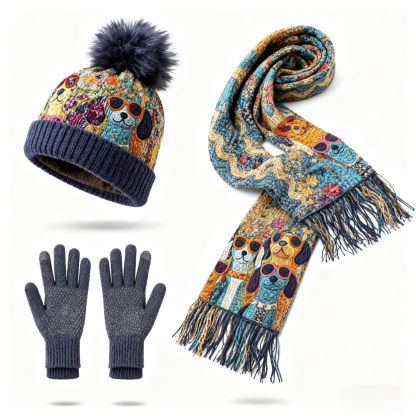 Womens Funny Sunglass Dog 3PC Knit Hat Long Scarf and Touchscreen Gloves Set Fleece Lined Pom Pom Beanie Winter Gift 