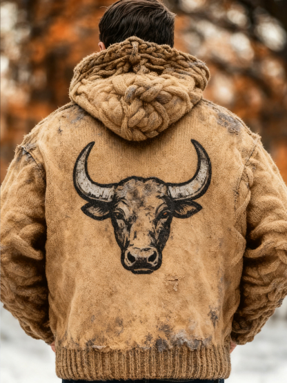 Men's Vintage Bull Pattern Chunky Yarn Knit Hooded Sweater 