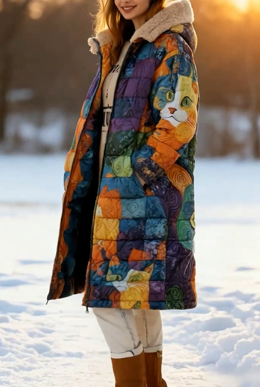 Abstract Swirl Cat Warm Coat Fleece Lined Long Hooded Quilted Jacket
