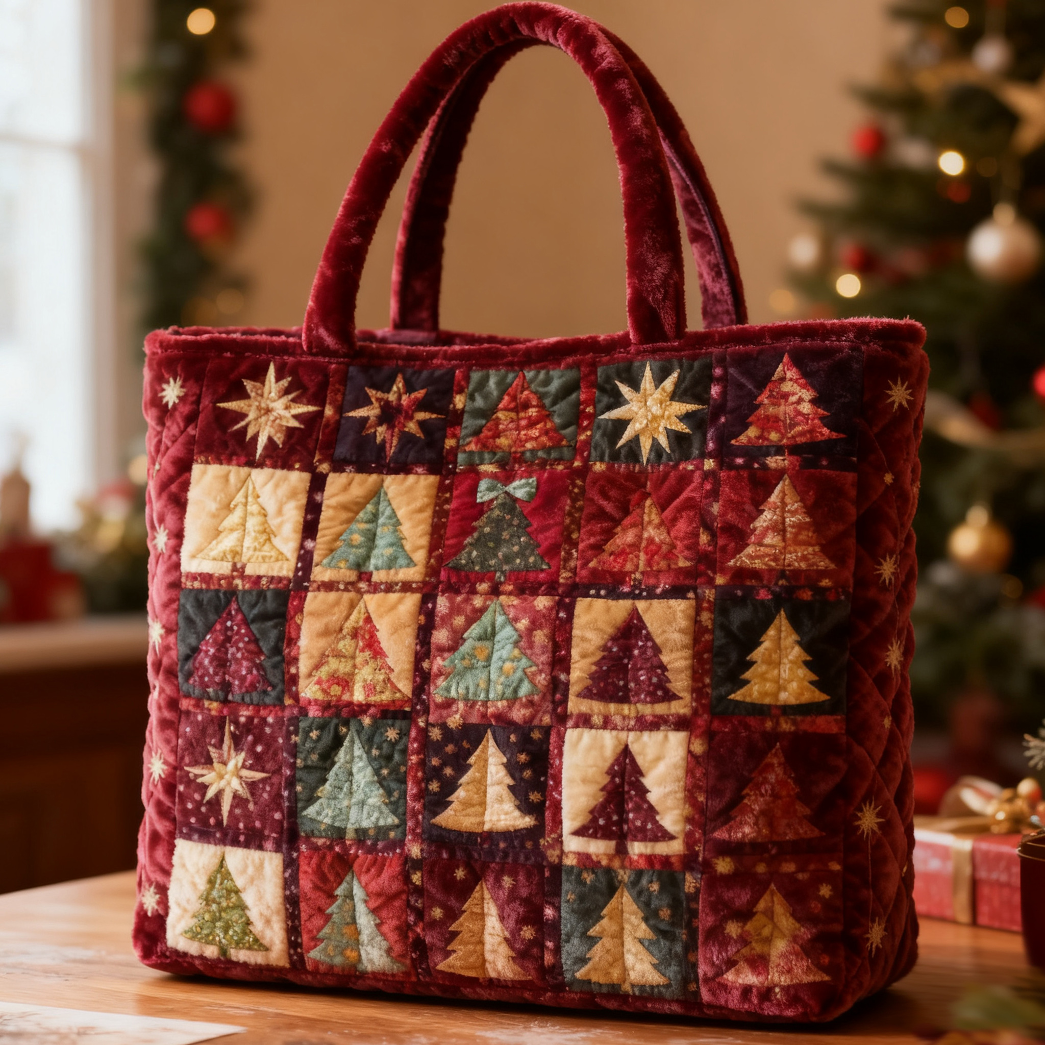 Christmas Tree Patchwork Velvet Quilted Tote Bag