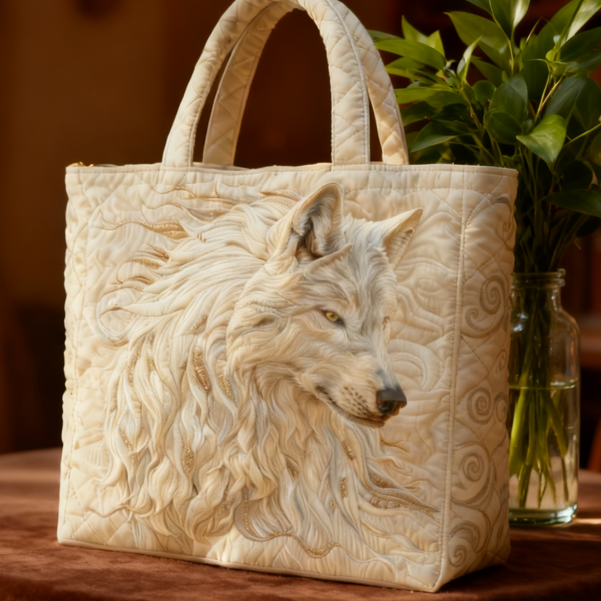Vintage Art Wolf Quilted Tote Bag