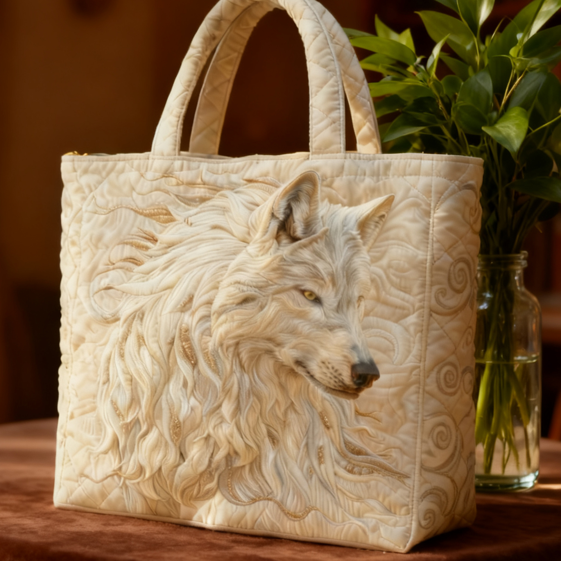 Vintage Art Wolf Quilted Tote Bag