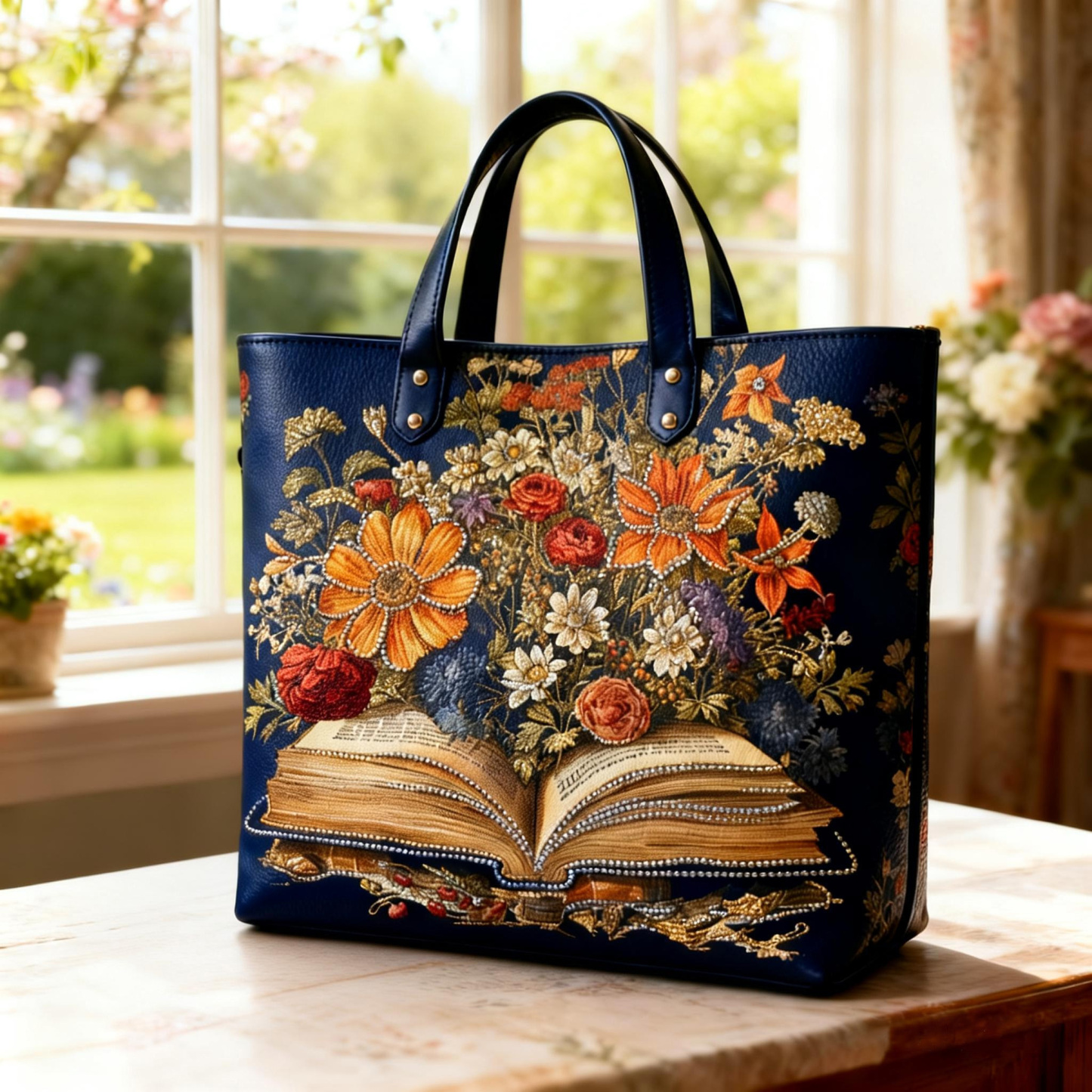 Vintage Literary Open Book Floral Embroidery Elegant Vegan Leather Tote Bag Crossbody Handbag with Adjustable Strap