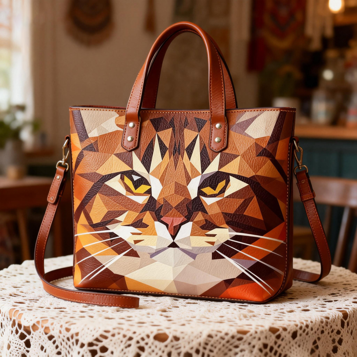 Geometric Tabby Cat Artistic Vegan Leather Tote Bag Crossbody Handbag with Adjustable Strap