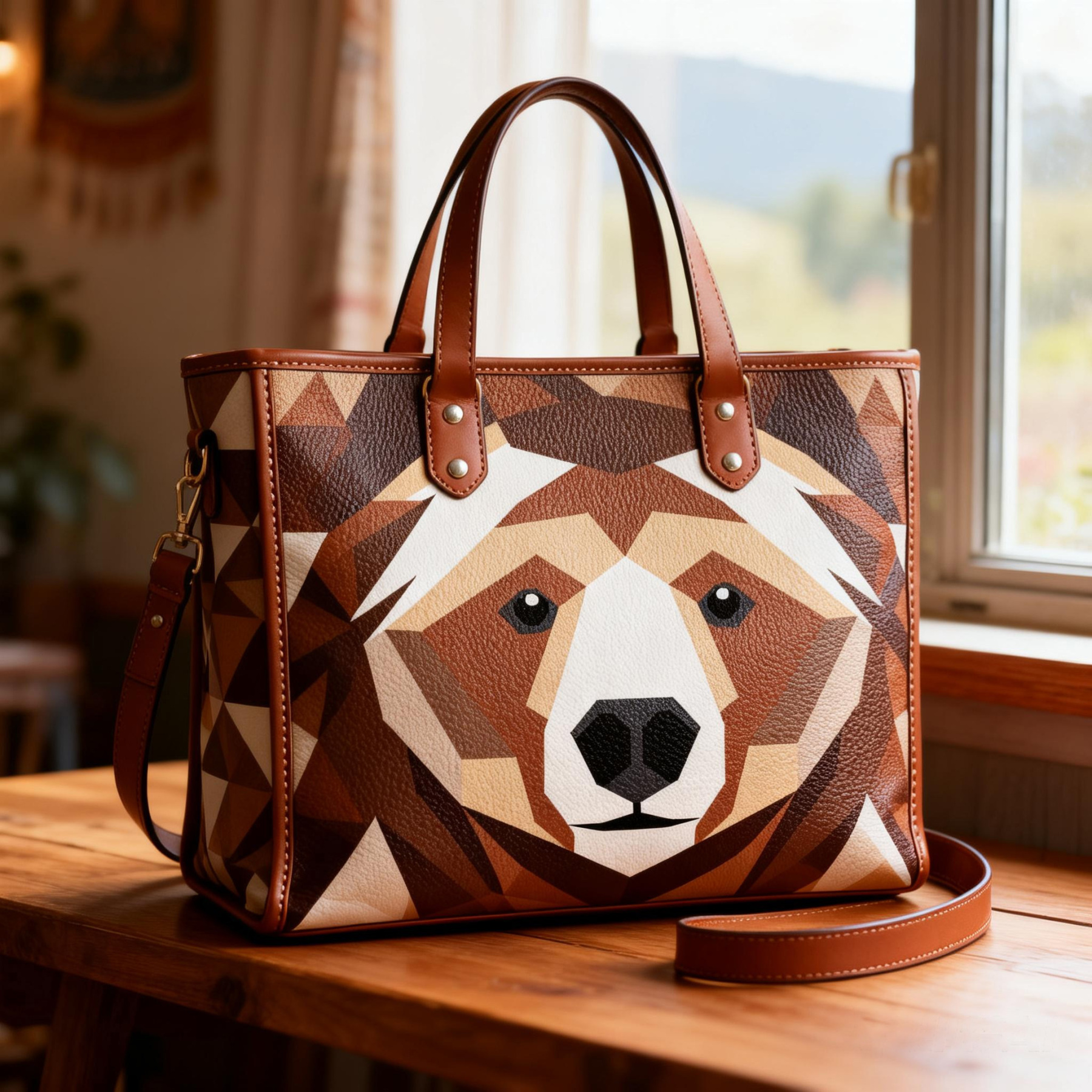 Geometric Brown Bear Vegan Leather Tote Bag Crossbody Handbag with Adjustable Strap