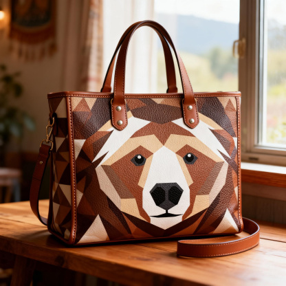 Geometric Brown Bear Vegan Leather Tote Bag Crossbody Handbag with Adjustable Strap